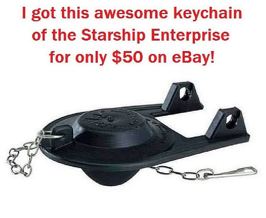 Picture of a toilet cistern float valve with a chain attached. It vaguely resembles the Starship Enterprise from Star Trek, seen in profile.
Caption.
I got this awesome keychain of the Starship Enterprise for only $50 on eBay.