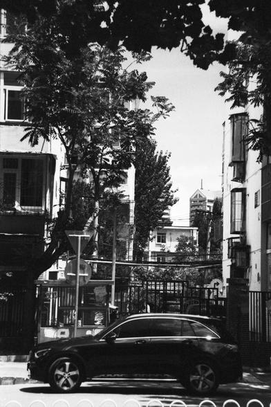 Lucky Lucky SHD 400 (FF)

English Alt Text:
A black-and-white image of a black car parked on the side of a street in a residential urban neighborhood. Surrounding the car are multi-story apartment buildings with balconies and windows. Trees and utility wires are visible. A metal fence and gate are in the background. The photo is framed by tree branches at the top.

中文替代文字：
这是一张黑白照片，显示一辆黑色汽车停在城市住宅区的街边。周围是多层公寓楼，有阳台和窗户。画面中有树木和电线，背景中可见金属围栏和大门。照片顶部靠树枝进行整个画面的构图。