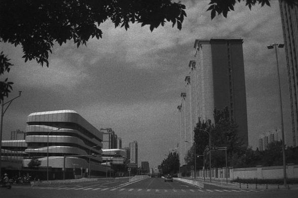 Ilford HP5 Plus 400 (FF)

English Alt Text:
A black-and-white photo of a wide city street flanked by buildings on both sides. On the left, a modern multi-story building features curved, layered architecture. On the right, a tall rectangular building has a more traditional design. The street includes crosswalks, traffic lanes, and a few vehicles, including a car and motorcycles. Trees line the road, and the top of the image is framed by silhouetted branches and leaves. Streetlights and traffic s…