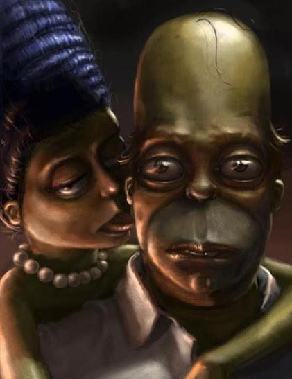 dark, surrealistic image of Marge and Homer Simpson.