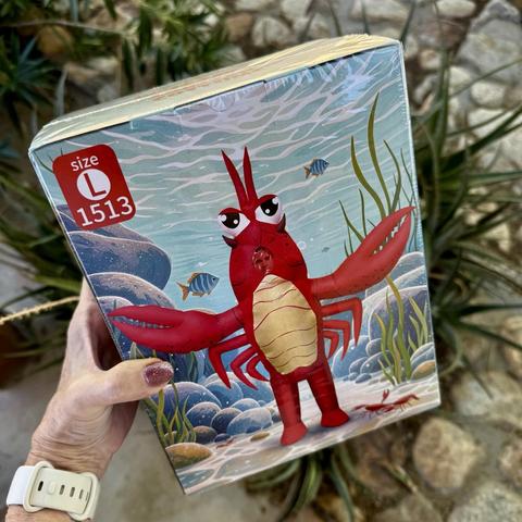 iPhone photo of an inflatable costume, the front of the box shows a giant red lobster with big googly eyes and claws