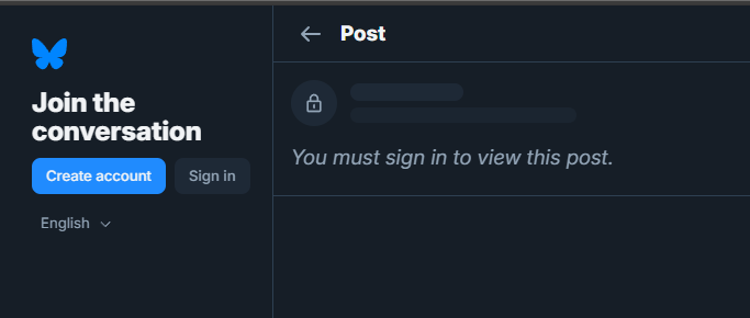 A followed link took me to a post on Bluesky. It shows a lock icon and says "You must sign in to view this post." The post itself is not displayed.