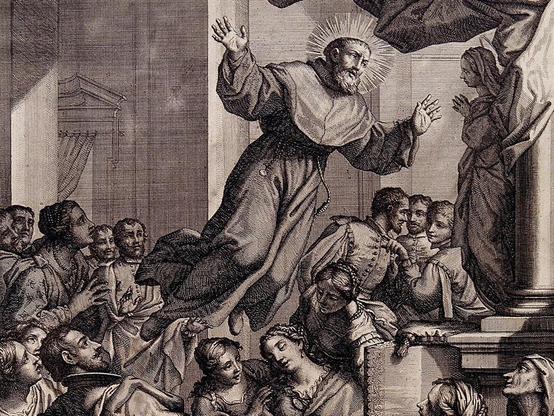 An engraving depicting a flying monk.