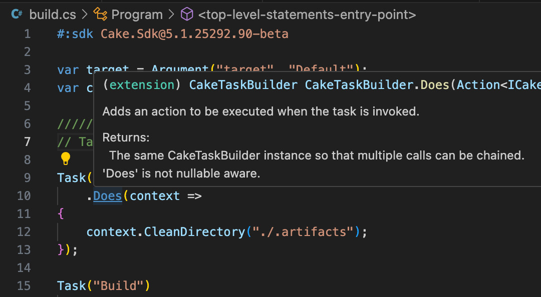 Visual Studio Code with a Cake build script within a `build.cs` file.
