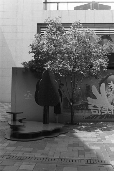 Kentmere Kentmere PAN 400 (FF)

English Alt Text:
A black-and-white urban scene featuring a stylized artificial tree sculpture beside a real tree with foliage. Behind them is a wall with a large mural or advertisement, showing abstract designs and cityscape elements. The mural includes partially obscured text and graphics. A person stands between the trees, blending into the shadows. The ground is paved with rectangular tiles, and a drainage grate runs across the bottom. The image contrasts nat…