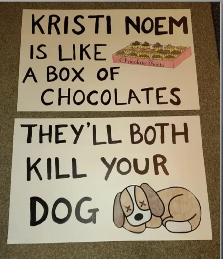 Protest poster
Kristi Noem is like a box of chocolates
They’ll both kill your dog