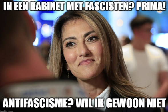 Yesilgoz meme:
top tekst: In een kabinet met fascisten? Prima!
bottom tekst: Antifascisme? wil ik gewoon niet