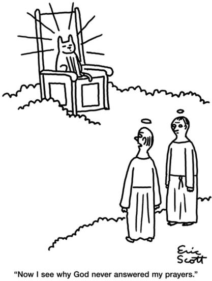 Single-panel comic.
Two angels are standing on a cloud looking toward a cat sitting on a throne on another cloud.
“Now I see why god never answered my prayers.”
