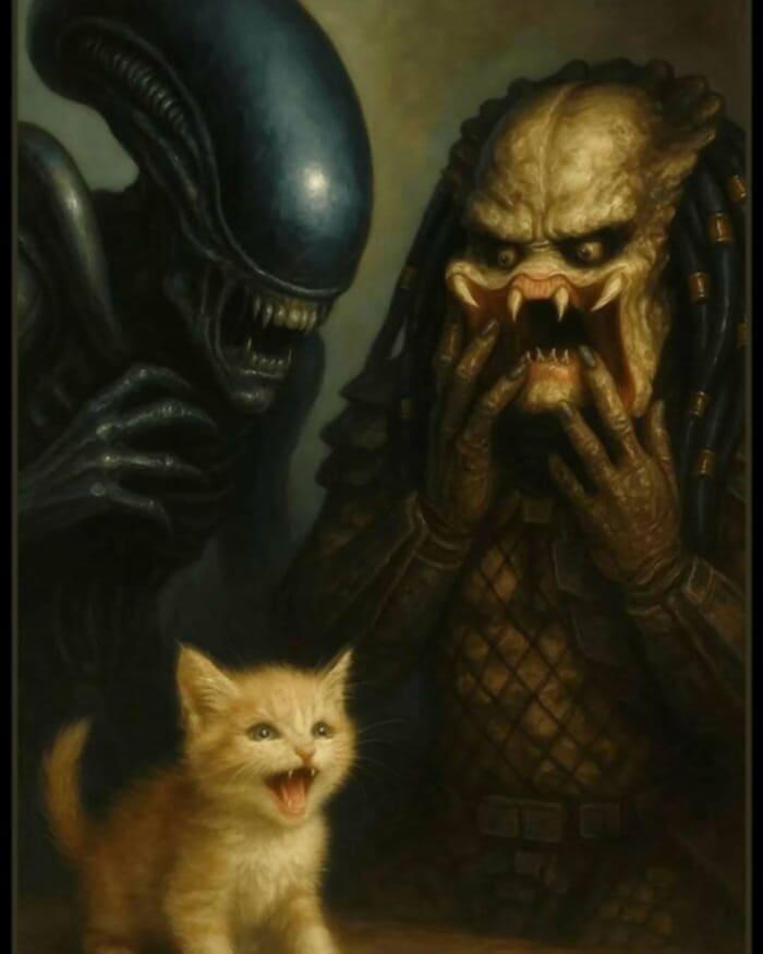 AI Art Predator and Alien with a kitty.