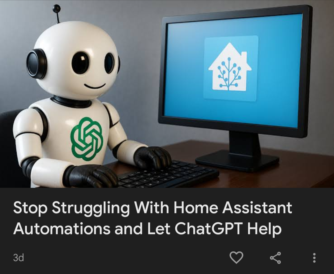A robot bearing the ChatGPT logo sits at a computer workstation with the Home Assistant logo displayed on the monitor. Captioned: Stop Struggling With Home Assistant Automations and Let ChatGPT Help