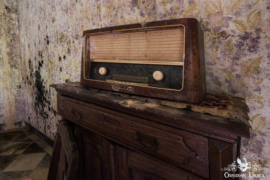 An old, dusty radio sits on a worn wooden cabinet in front of a faded, moldy wallpapered wall.