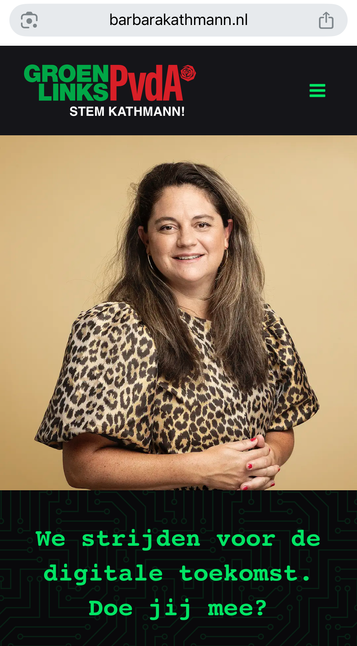 Foto van Barbara Kathmann. Boven de foto: GroenLinks-PvdA, stem Kathmann. Onder de foto: wij strijden voor de digitale toekomst. Doe jij mee? 
