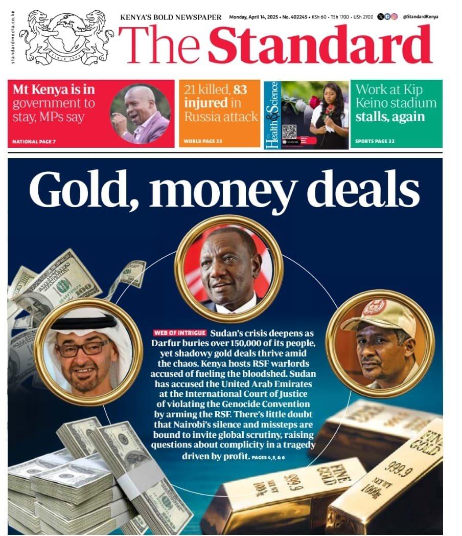 The standard newspaper headline linking Kenya to smuggled gold to UAE and RSF funding.