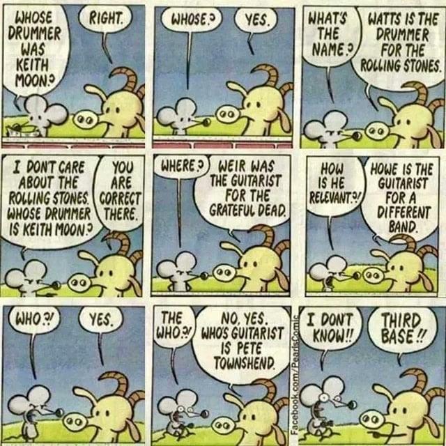 A comic strip features two cartoon characters, a goat and a mouse, engaging in a humorous and confusing conversation about rock musicians. The goat asks about the drummer Keith Moon, leading to a series of misunderstandings involving different bands and band members.