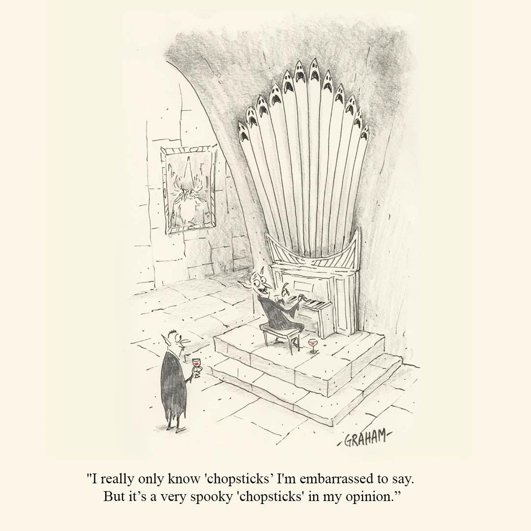 A cartoon illustration of a vampire at an organ talking to another vampire. Caption reads "I really only know 'chopsticks' I'm embarrassed to say. But it's a very spooky 'chopsticks' in my opinion."