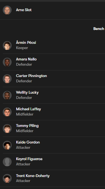 The LFC bench:
Armin Pécsi
Amara Nallo
Carter Pinnington
Wellity Lucky
Michael Laffey
Tommy Piling
Kaide Gordon
Keyrol Figueroa
Trent Kone-Doherty