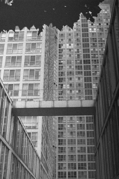 Ilford HP5 Plus 400 (FF)

English Alt Text:
A black-and-white photograph of tall modern buildings with grid-like window patterns. The perspective looks upward through a narrow gap between the towers, emphasizing their height. A pedestrian bridge connects two buildings at an elevated level, forming a striking horizontal line across the vertical scene. The sky is visible at the top, with scattered leaves or debris adding movement. The composition highlights symmetry, geometry, and the imposing sc…