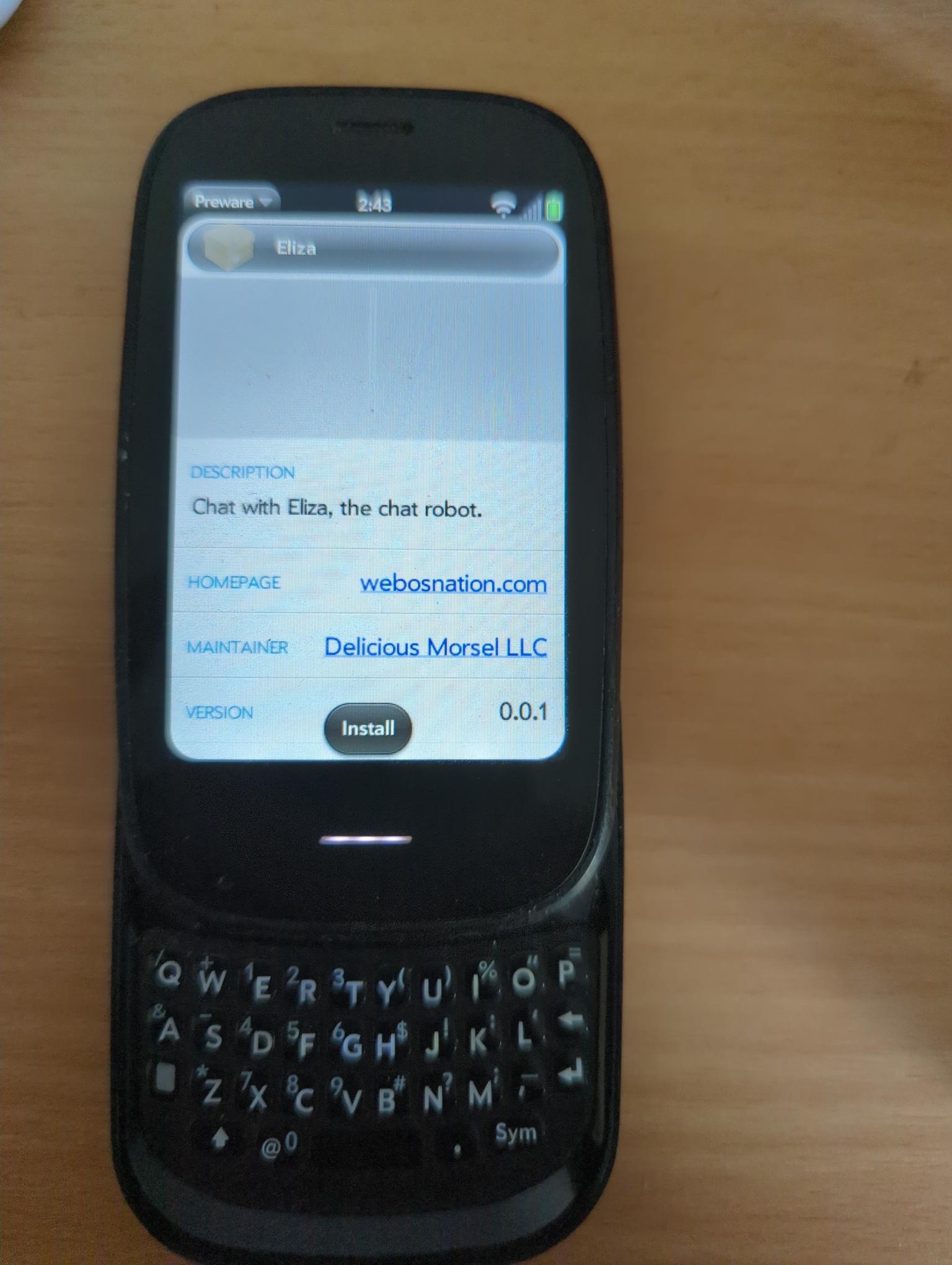 Preware on a Palm Pre 2 showing the information page for the Eliza package