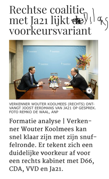 Trouw foto verkenningen, kop: rechtse coalitie met JA21 lijkt de voorkeursvariant. Het woordje ‘de’ UI’s doorgekrast en vervangen door’Dilans’. 