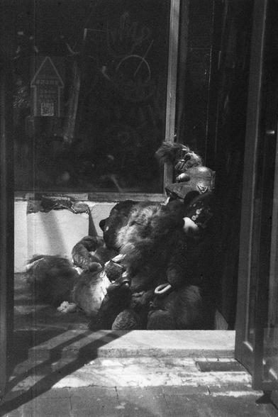 ERA 100 (FF)

English Alt Text:
A black-and-white photograph of a storefront display. Inside, a pile of animal costumes or taxidermy figures is stacked together, resembling furry mammals such as bears or raccoons. The arrangement is chaotic, with limbs and faces overlapping. Dim lighting and shadows create an eerie, surreal atmosphere. The tiled floor and glass panels frame the display, while a sign in the background is faintly visible but unreadable. The image feels unsettling and ambiguous, b…