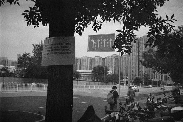 Shanghai GP3 400 PAN (FF)

English Alt Text:
A black-and-white urban street scene. A tree stands in the foreground with a sign attached, written in Chinese: “Friendly Reminder: This is a non-motorized vehicle parking area. Please park in order and do not park randomly. Violators will be dealt with according to the law. Thank you for your cooperation.” Two people walk along the sidewalk, while a row of parked scooters lines the right side. In the background, tall residential or commercial buildi…