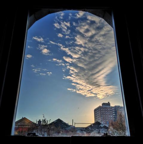 Looking through an arched window fifty-one minutes after sunrise the blue sky is half-filled on the right with a giant white and grey cloud that looks like an alien skeleton. Pointed roofs of Harlem brownstones are across the street, and a taller apartment building can be seen in the distance. The tops of two trees are on the bottom and right. The window is grimy on the bottom. 