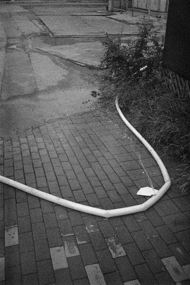 Shanghai GP3 400 PAN (FF)

Shanghai GP3 400 PAN (FF)

English Alt Text:
A black-and-white photo showing a curved white hose laid across a paved surface made of interlocking bricks. The hose leaks water at one point, forming a small stream. Nearby lies a piece of white paper or plastic. Vegetation, including grass and a bush, grows along the edge of the pavement. In the background, a concrete area and fencing are visible. The image contrasts human-made materials with natural growth, enhanced by …