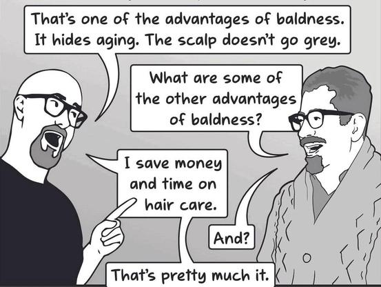 single panel cartoon, excerpt from a 4-panel one at https://www.basicinstructions.net/basic-instructions/2025/11/10/how-to-discuss-the-mistakes-of-someone-you-respect
Two men are talking to each other.
That's one of the advantages of baldness. It hides aging. The scalp doesn't go grey.
What are some of the other advantages of baldness?
I save money and time on hair care.
And?
That's pretty much it.