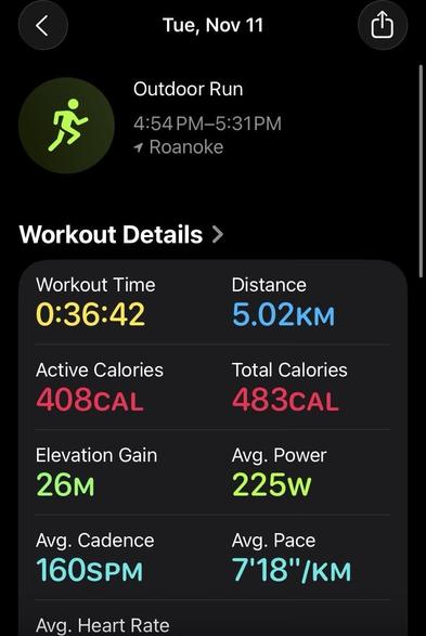 My running stats: 5.02 km in 36:42 for an average pace of 7:18/km