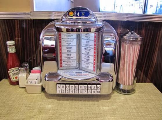Photo showing a 1950s-60s style tabletop juke box set on a diner table top with a bottle of Heinz catchup, salt and pepper shakers just like the ones I have still, and a small plastic tub of artificial sweetener packets to the left side, and a tall glass jar with a metal cap containing a bunch of red and white striped straws.
The juke box is shiny metal, with 2 rows of buttons, letters top numbers bottom, for selecting songs. Songs show on moveable plates showing thru the glass front, 5 songs t…