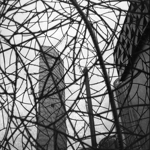 Ilford HP5 Plus 400 (6x6)

English Alt Text: A black-and-white photo showing a dense web of barbed wire in the foreground, tangled and chaotic. Behind it, modern high-rise buildings with clean lines and geometric shapes rise into the sky. The contrast between the sharp, twisted wire and the orderly architecture evokes themes of confinement versus freedom, or security versus openness. The wire dominates the lower half of the image, while the buildings loom in the background, partially obscured. …
