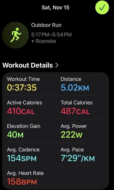 My running stats: 5.02 km in 37:36 for an average pace of 7:29/km