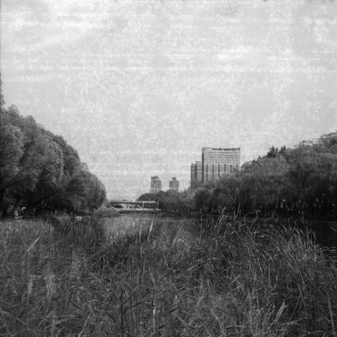 Ilford HP5 Plus 400 (6x6)

English Alt Text:
A black-and-white landscape photograph captures a calm river or canal flanked by tall grasses and dense trees. A bridge spans the water in the middle distance. In the background, several tall buildings rise above the treetops, including one with a grid-like window pattern. The scene blends natural and urban elements, showing how greenery coexists with city structures. The image is serene, with no visible people, and the water reflects the surrounding…