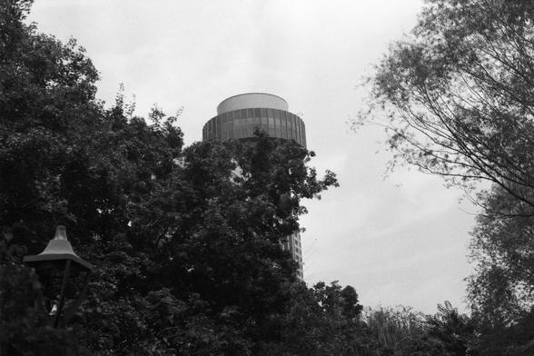 Fujifilm NEOPAN SS (FF)

English Alt Text: A black-and-white photo shows the top of a cylindrical modern building partially hidden by dense leafy trees. The building has vertical lines and a rounded top. A vintage-style streetlamp stands on the left. The sky is overcast, casting a soft, diffused light. The contrast between the structured architecture and organic foliage creates a contemplative mood, blending urban and natural elements.

中文替代文字：
这张黑白照片展示一座圆柱形现代建筑的顶部，被茂密的树叶部分遮挡。建筑有垂直线条和圆形顶部。左侧有一个…