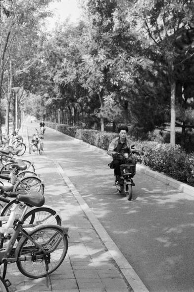 Fujifilm NEOPAN SS (FF)

English Alt Text: A black-and-white photo of a peaceful urban pathway lined with tall trees and trimmed hedges. On the left, several bicycles are parked along the sidewalk. On the right, a person rides an electric scooter, while another cyclist is visible further down the path. The scene captures a quiet moment of everyday life in a green, pedestrian-friendly environment.

中文替代文本： 这是一张黑白照片，描绘了一条宁静的城市小道，两旁是高大的树木和修剪整齐的绿篱。左侧人行道上停放着几辆自行车，右侧一人骑着电动滑板车，远处还有一位骑自行车的人。画面展现了绿色、宜人的…