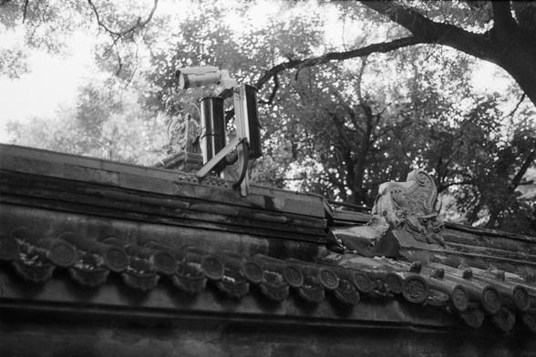 Fujifilm NEOPAN SS (FF)

English Alt Text: A black-and-white image captures a traditional Chinese tiled roof adorned with ornate carvings and mythical motifs. Atop the roof sits a modern surveillance camera, creating a stark contrast between ancient architecture and contemporary technology. The roof tiles feature circular patterns with Chinese characters. Dense tree foliage fills the background.

中文替代文字：
这是一张黑白照片，展示了一个传统中式瓦屋顶，屋顶上有精美雕刻和神话图案。屋顶上安装着一个现代监控摄像头，形成古代建筑与现代科技的鲜明对比。瓦片上有圆形图案和中文字符。背景中是茂密的树…