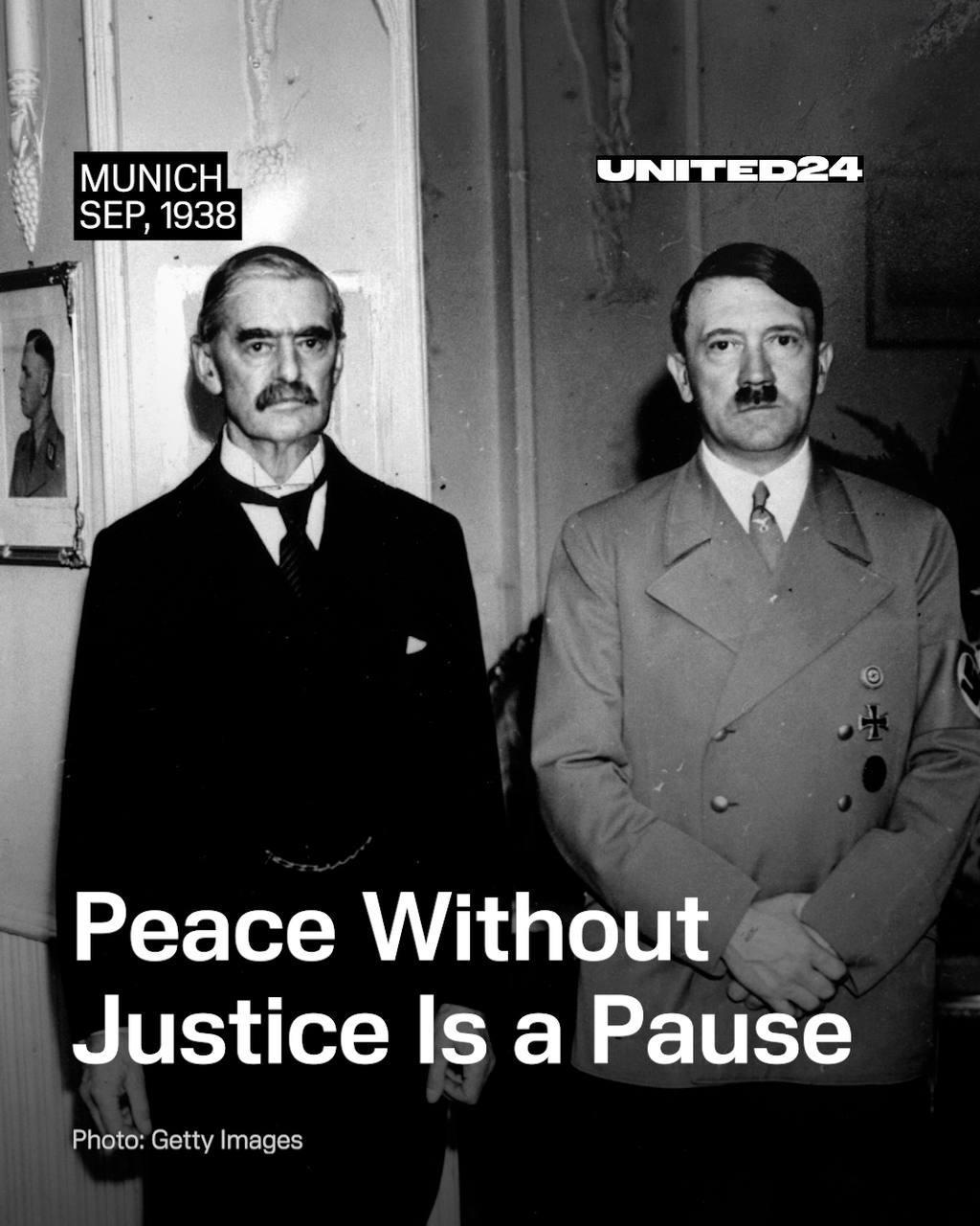 Photo of Neville Chamberlain and Adolph Hitler posing for appeasement "Peace without Justice is a Pause"
