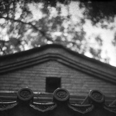 Ilford HP5 Plus 400 (6x6)

English Alt Text:
A black-and-white photo showing the upper portion of a traditional East Asian building. The foreground features a tiled roof with circular end caps, arranged in neat rows. Behind it stands a gabled structure with layered ridges and a small square window in the center of the wall. The background is softly blurred with tree branches and leaves, creating a sense of depth and serenity. The composition emphasizes symmetry and cultural heritage through arc…