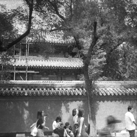Ilford HP5 Plus 400 (6x6)

English Alt Text:
A black-and-white photograph of a traditional East Asian temple partially obscured by trees and scaffolding, suggesting restoration work. The ornate tiled roof and layered eaves reflect historical architecture. In the foreground, people walk or sit along a low wall, some taking photos or chatting. The scene blends cultural heritage with modern life, capturing a moment of quiet activity near a historic site.

中文替代文本：
这是一张黑白照片，展示了一座传统东亚寺庙，部分被树木和脚手架遮挡，暗…