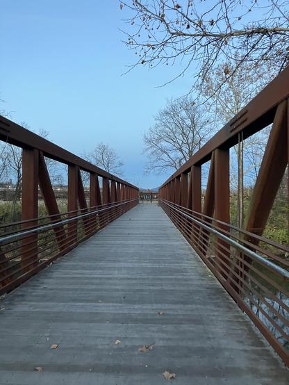 A metal pedestrian bridge stretches across a tranquil setting, flanked by bare trees and a clear blue sky. The path leads toward a rail yard visible at the far end of the bridge. Fallen leaves are scattered on the wooden surface.