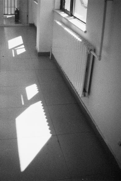 Ilford HP5 Plus 400 (FF)

English Alt Text: A black and white photograph captures a sunlit indoor hallway with tiled flooring. A radiator is mounted beneath a window, and a fire extinguisher stands near a gated door in the background. Sunlight streams through the window, casting sharp, geometric shadows on the floor, including a serrated edge pattern likely caused by blinds. The image emphasizes architectural details and the dramatic contrast between light and shadow, creating a quiet, contempl…