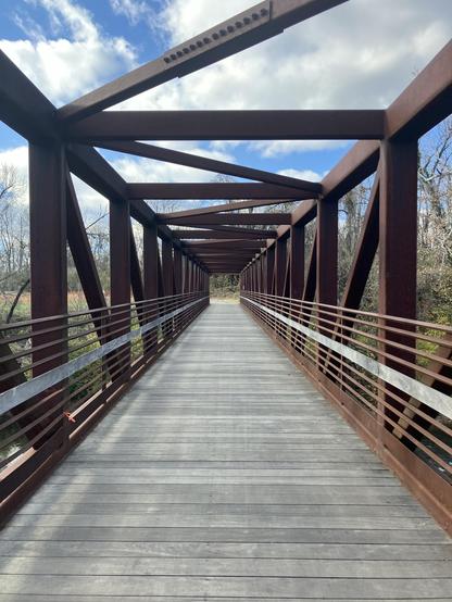 A metal bridge with a wooden deck and horizontal railings, surrounded by trees and blue skies with clouds. The perspective is from the center of the bridge, looking down the pathway.