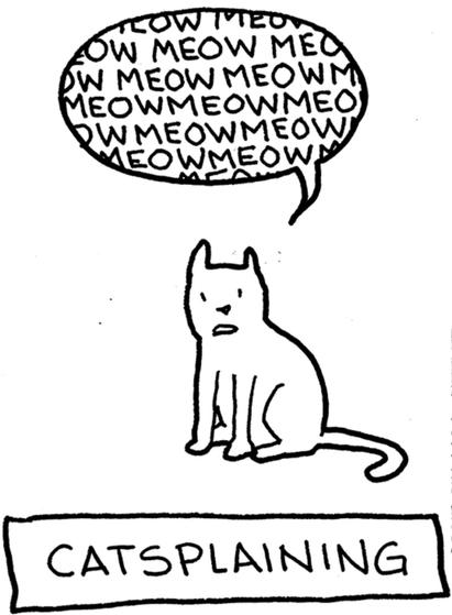 Cartoon drawing of a cat sitting. Speech balloon above its head says “meowmeowmeowmeow meow meow meowmeow.”