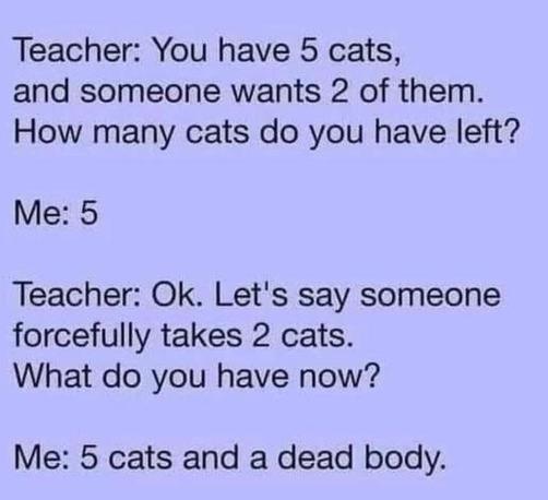 Teacher: You have 5 cats, and someone wants 2 of them. How many cats do you have left?
Me: 5
Teacher: Ok. Let’s say someone forcefully takes 2 cats. What do you have now!
Me: 5 cats and a dead body.