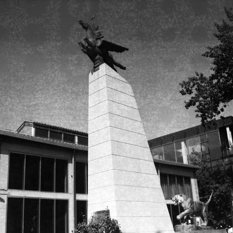 Ilford HP5 Plus 400 (6x6)

English Alt Text: A black-and-white image of a modern monument in an urban plaza. Atop a tall obelisk-like pedestal stands a statue of a person riding a winged horse, possibly Pegasus, holding an object aloft. To the right, a realistic sculpture of a leaping tiger adds dynamic contrast. Surrounding the monument are modern buildings with large windows and trees. The scene blends classical mythology with contemporary architecture and wildlife art.

中文替代文字：
这是一张黑白照片，展示了城…