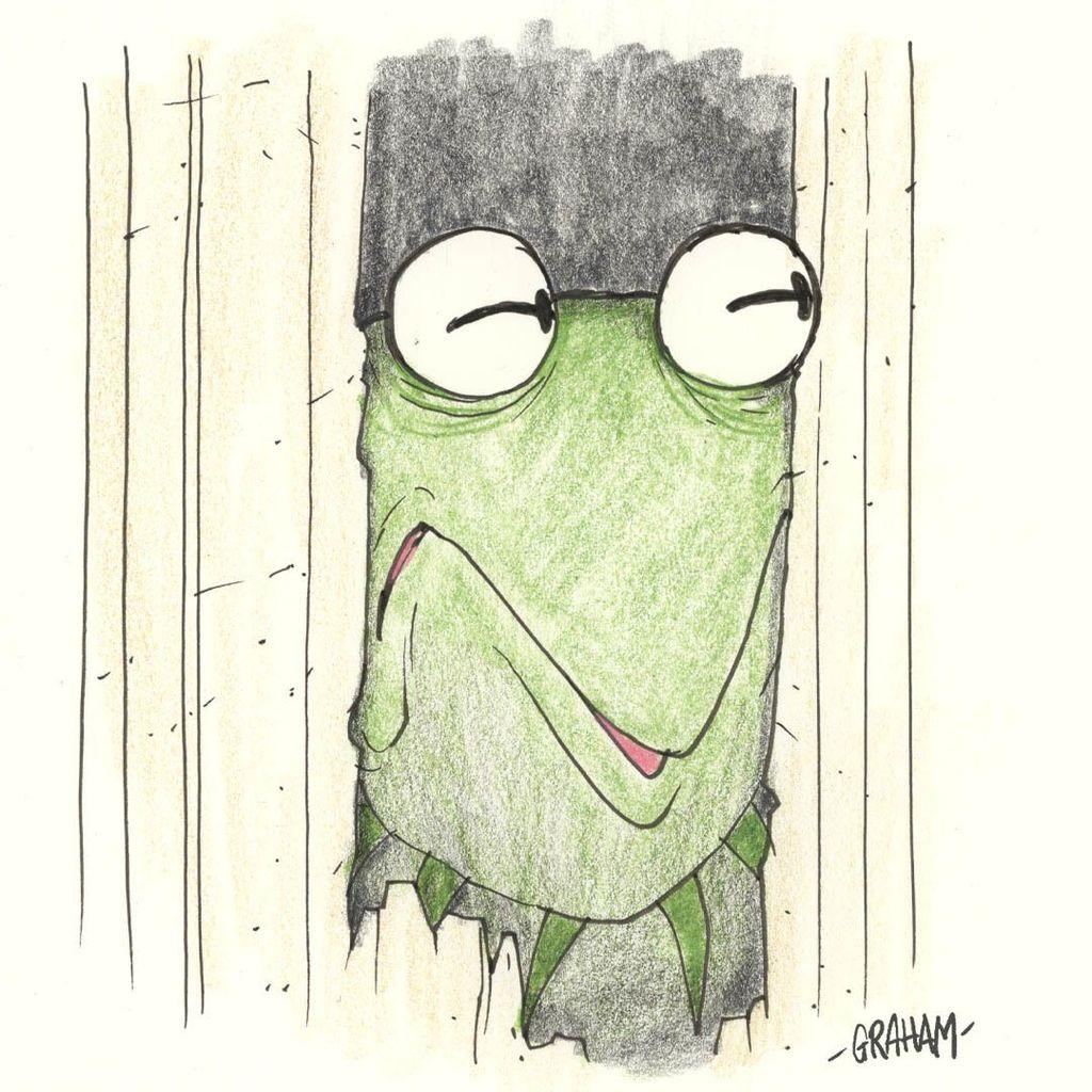A cartoon illustration of Kermit's twisted face looking through the busted bathroom door ala The Shining. 10% off everything at gricklemart.com right now!