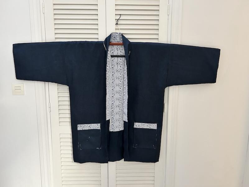padded hanten jacket made with 1960s vintage japanese silk tanmono, with indigo and white cotton lining and accents.