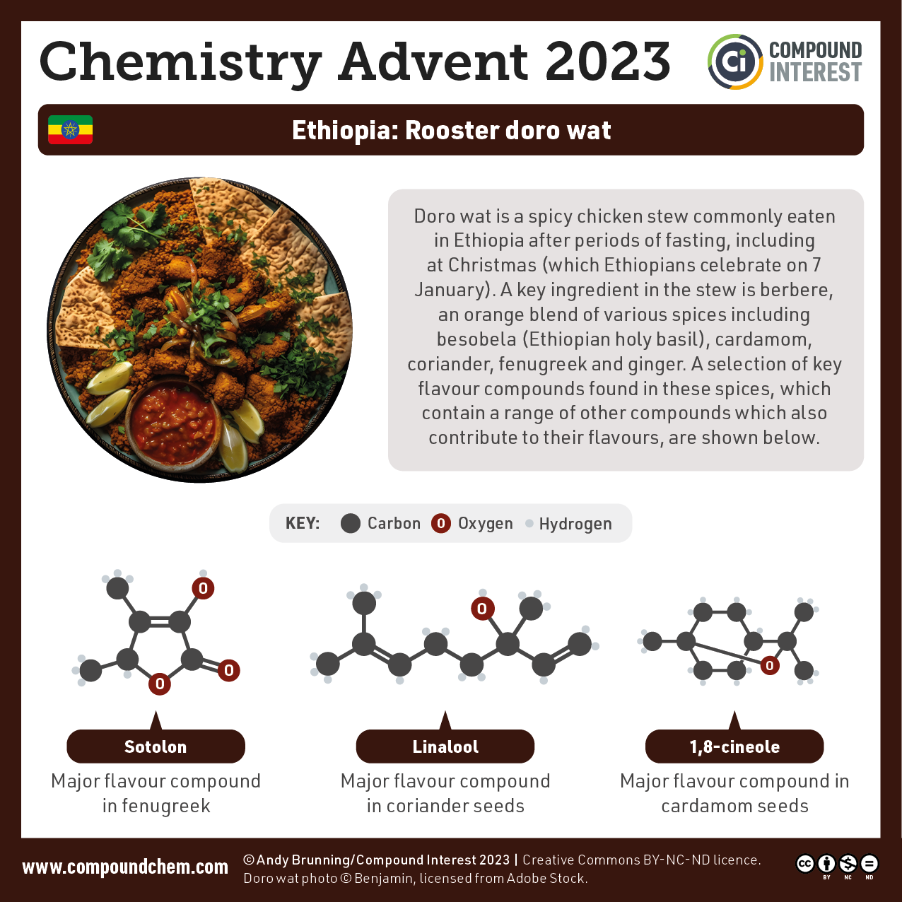 Infographic on rooster doro wat that highlights the ingredients of the spice mix used, including holy basil, cardamom, fenugreek and ginger. The structures of sotolon (component of fenugreek), linalool (component of coriander seeds) and 1,8-cineole (component of cardamom seeds) are shown.