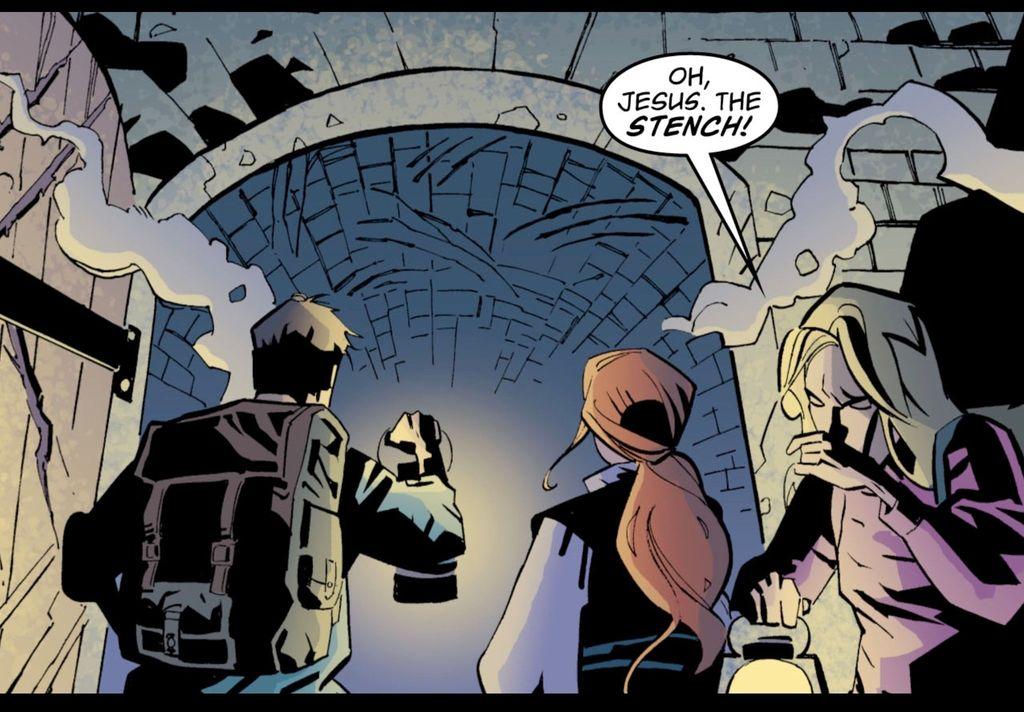 A long, shaggy blue haired man who literally has four eyes one on each side stacked atop the other. His mouth is open, revealing a mouthful of jagged teeth, and he appears to be speaking through telepathy, or perhaps he’s being spoken to: ”It is lost… ALL lost. Our God has forsaken us – – and we are alone with our own despair!“