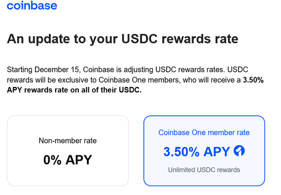 update that sets my earnings to 0% APR and puts the old rate I had for coinbase one members only